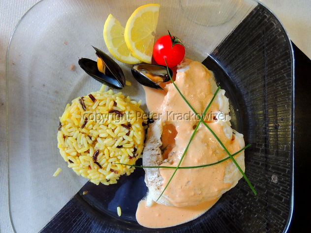 Frankreich, Normandie, Restaurant „Les Roches Blanches“: Seewolf