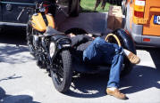 Grossglockner Trophy 2002: Harald Hacker having an afternoon lunch nap in the sidecar of his  Harley Davidson WR, 1949, 750 cm³ Grossglockner Trophy 2002: Harald Hacker having an afternoon lunch nap in the sidecar of his  Harley Davidson WR, 1949, 750 cm³