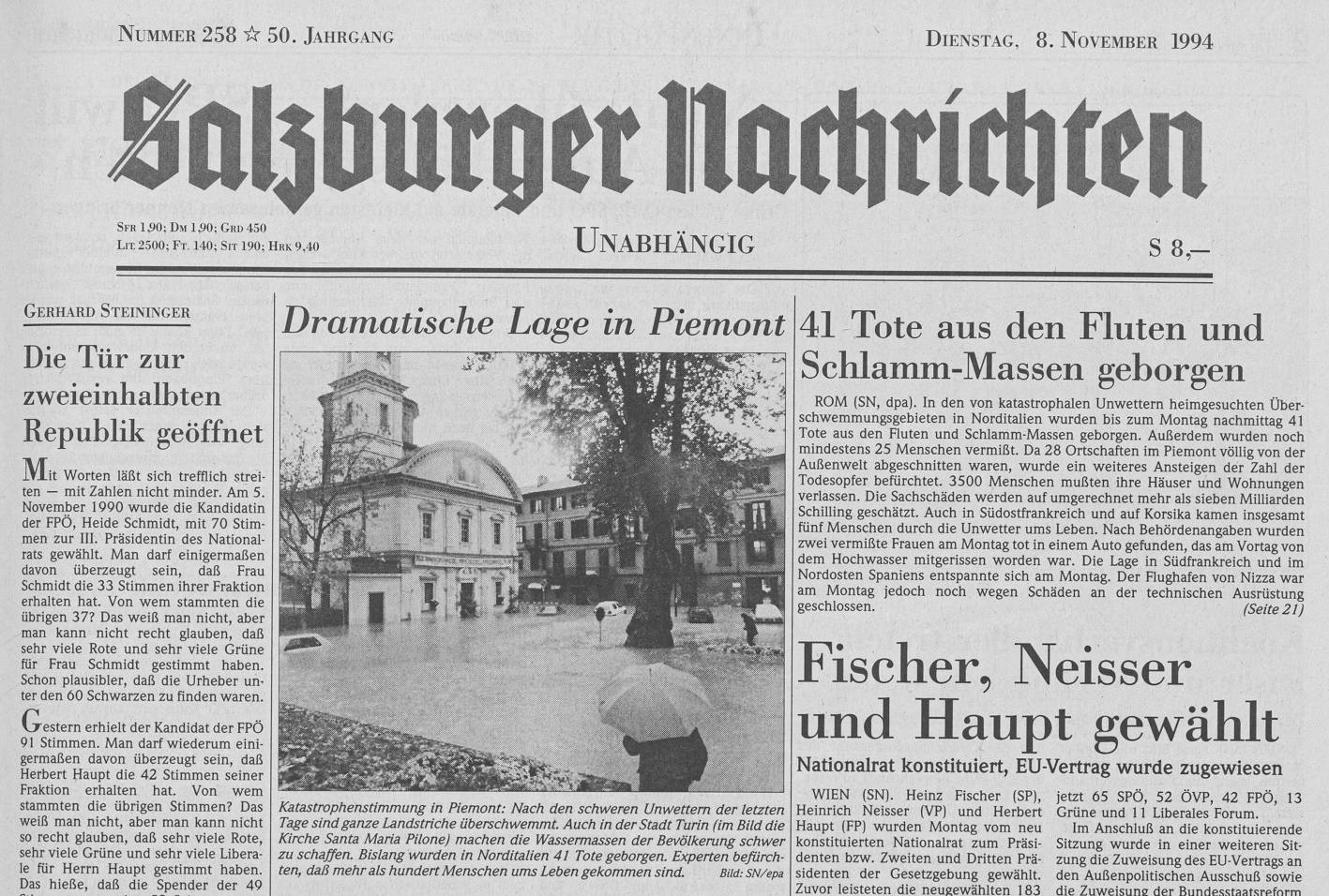 Überflutete Landstriche im Piemont am Sonntag, 3. November 1994.