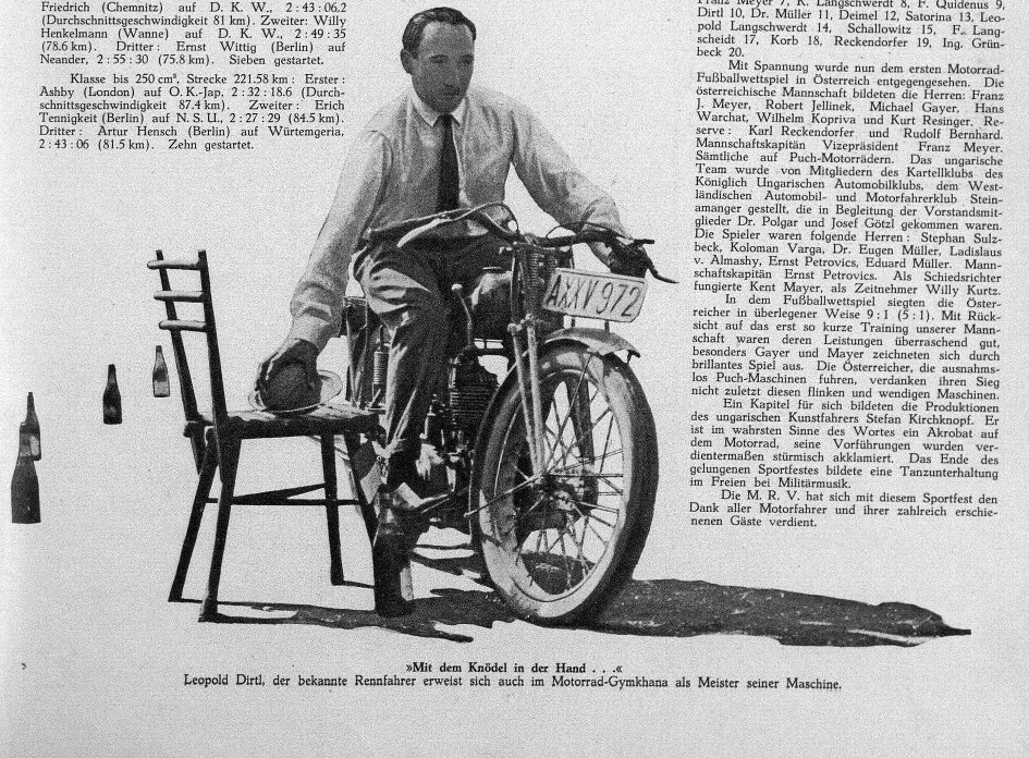 »Mit dem Knödel in der Hand.. .« Leopold Dirtl, der bekannte Rennfahrer erweist sich auch im Motorrad-Gymkhana als Meister seiner Maschine. In: Österreichischer/Europa Motor, Heft 8, 1927